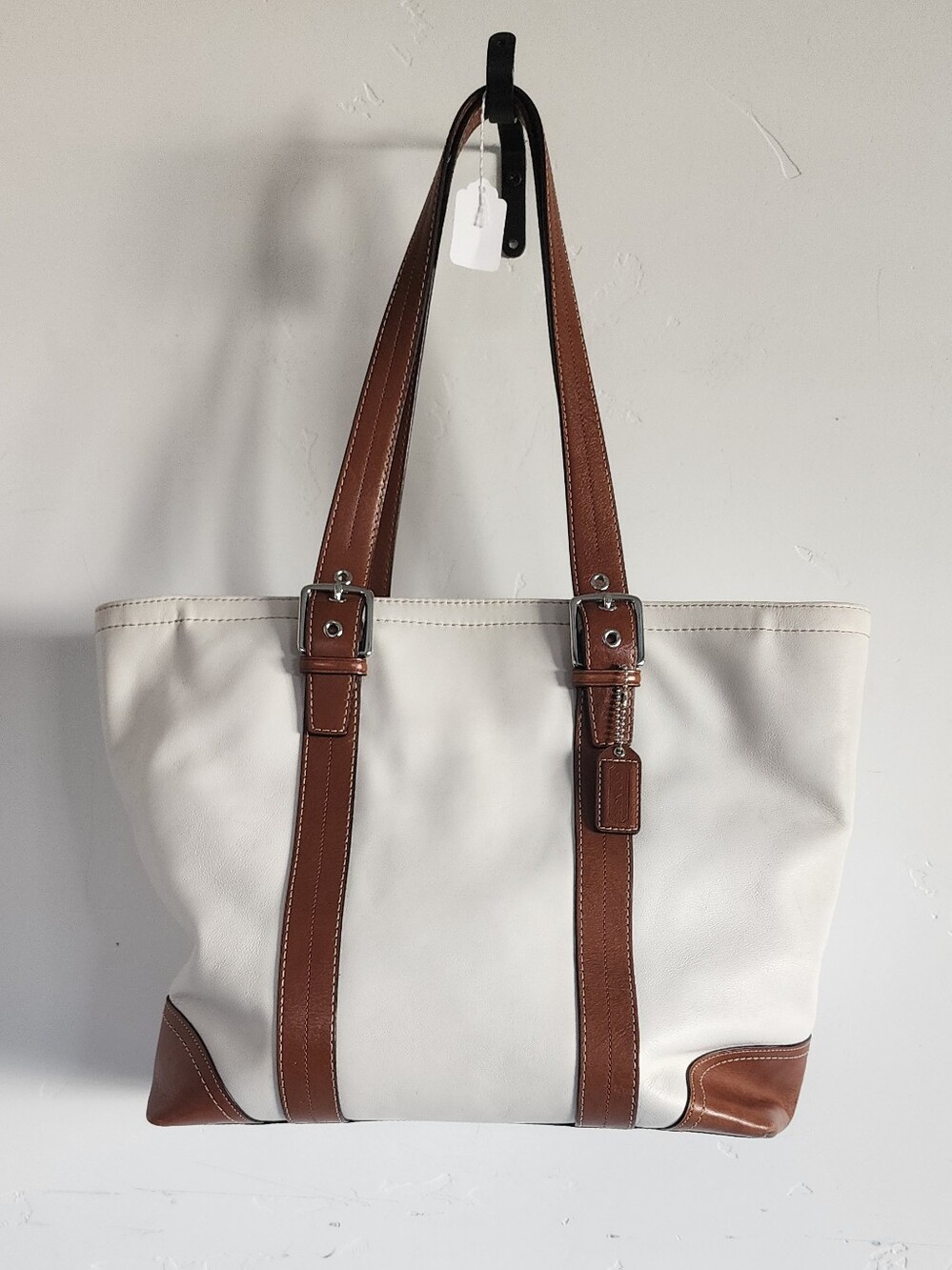 Coach White Tote Bag with Brown Leather Trim